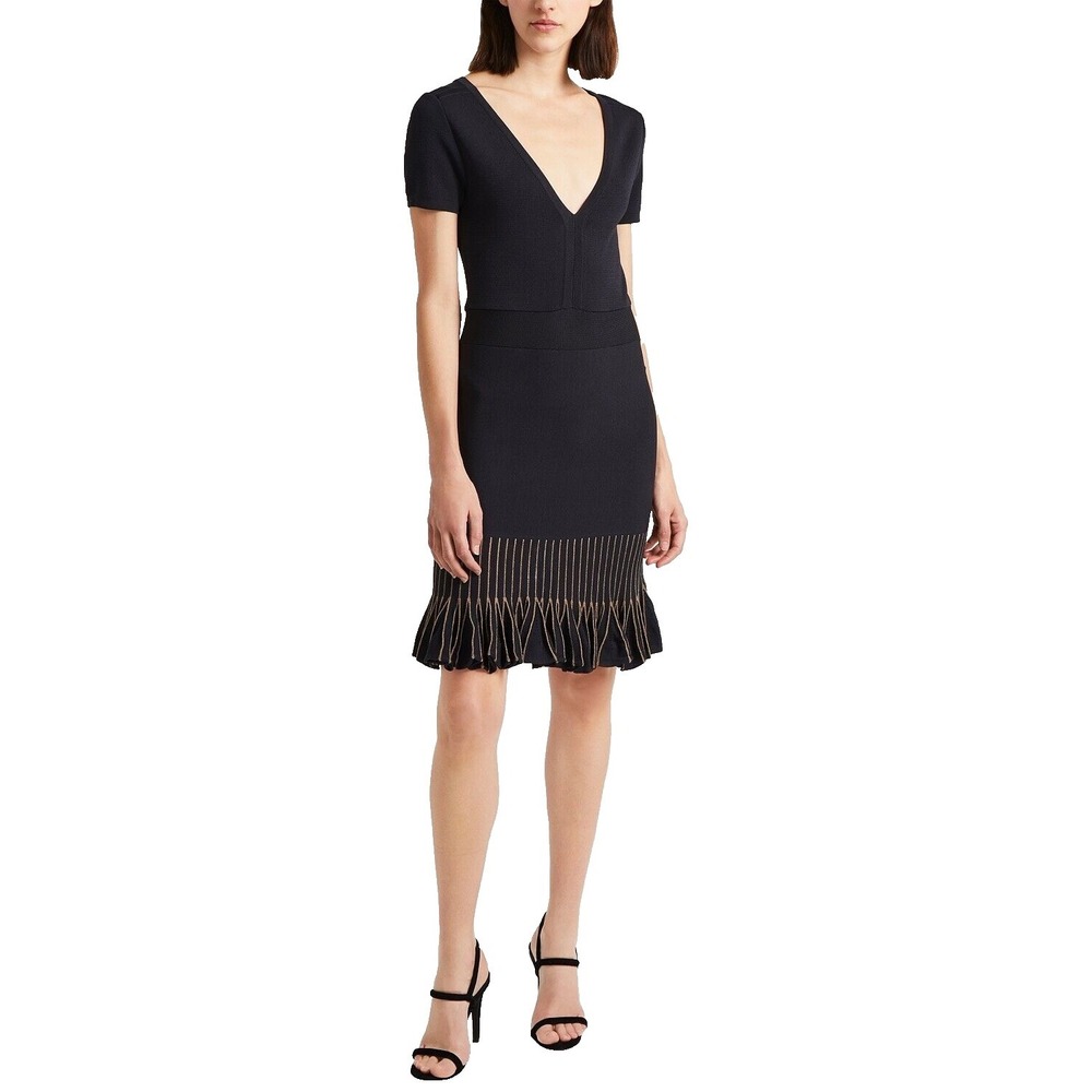 French Connection‎ Beth Navy Blue V-Neck Knit Flounce Hem Dress Size 6